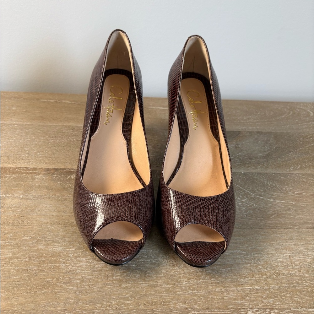 NWOT Elegant Cole Haan Brown Open Toe Pumps 7